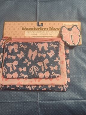 Wandering Moon Pink & Navy Bow Travel Pouch Set with Luggage Tag